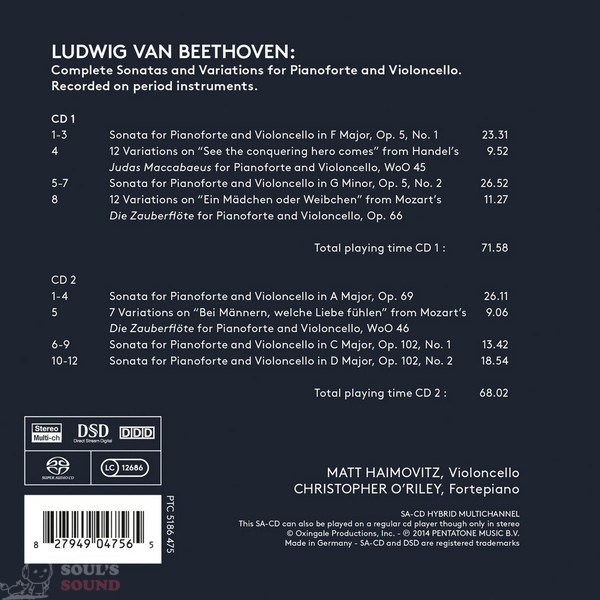 Beethoven, Matt Haimovitz, Christopher O'Riley ‎– Sonaten für Klavier und Cello 1-5 2 SACD