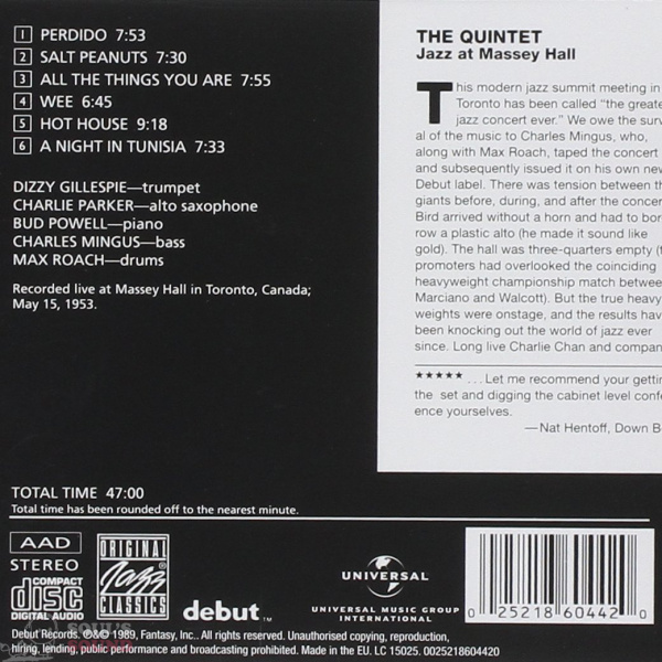 Parker Gillespie Powell Roach Mingus The Quintet Jazz At Massey Hall CD