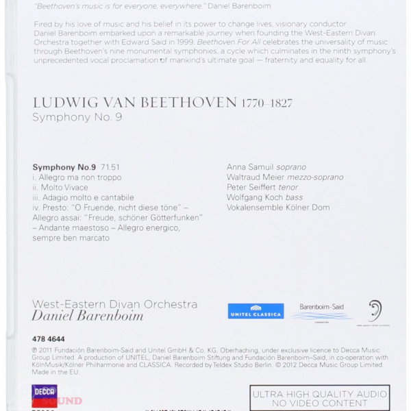 Anja Harteros, Waltraud Meier, Peter Seiffert, René Pape, Vokalensemble Kölner Dom, West-Eastern Divan Orchestra, Daniel Barenboim Beethoven For All - Symphony No.9   Blu-ray Audio