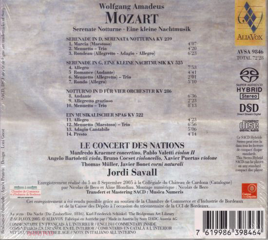 Wolfgang Amadeus Mozart - Le Concert Des Nations, Jordi Savall ‎– Serenate Notturne - Eine Kleine Nachtmusik SACD