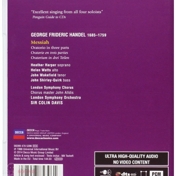 Sir Colin Davis Handel: Messiah Blu-ray Audio